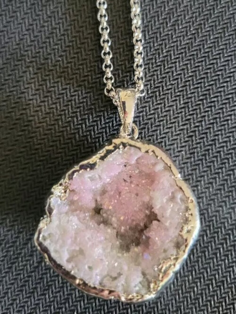 Pink Crystal Encased in Silver with Dangle Necklace